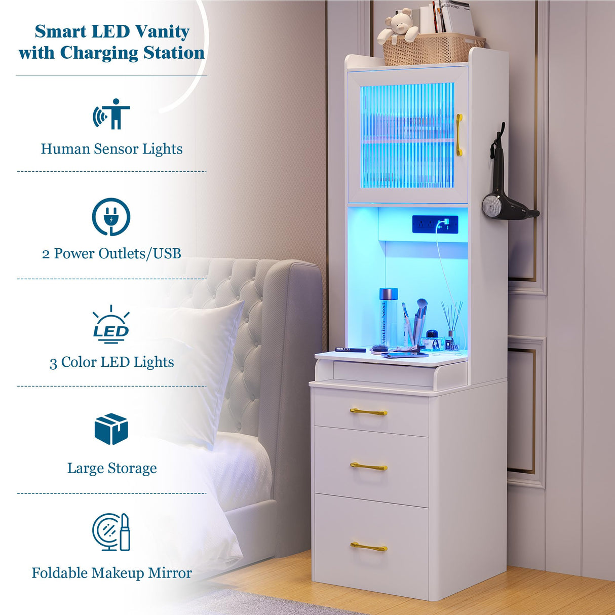 WOOVIVS Small Vanity Desk with Plip-up Mirror and Lights, Makeup Vanity Dresser with Charging Station, LED Vanities Dressing Table Set with Drawers&Stool for Bedroom,Checkroom (White,1PCS) WOOVIVS