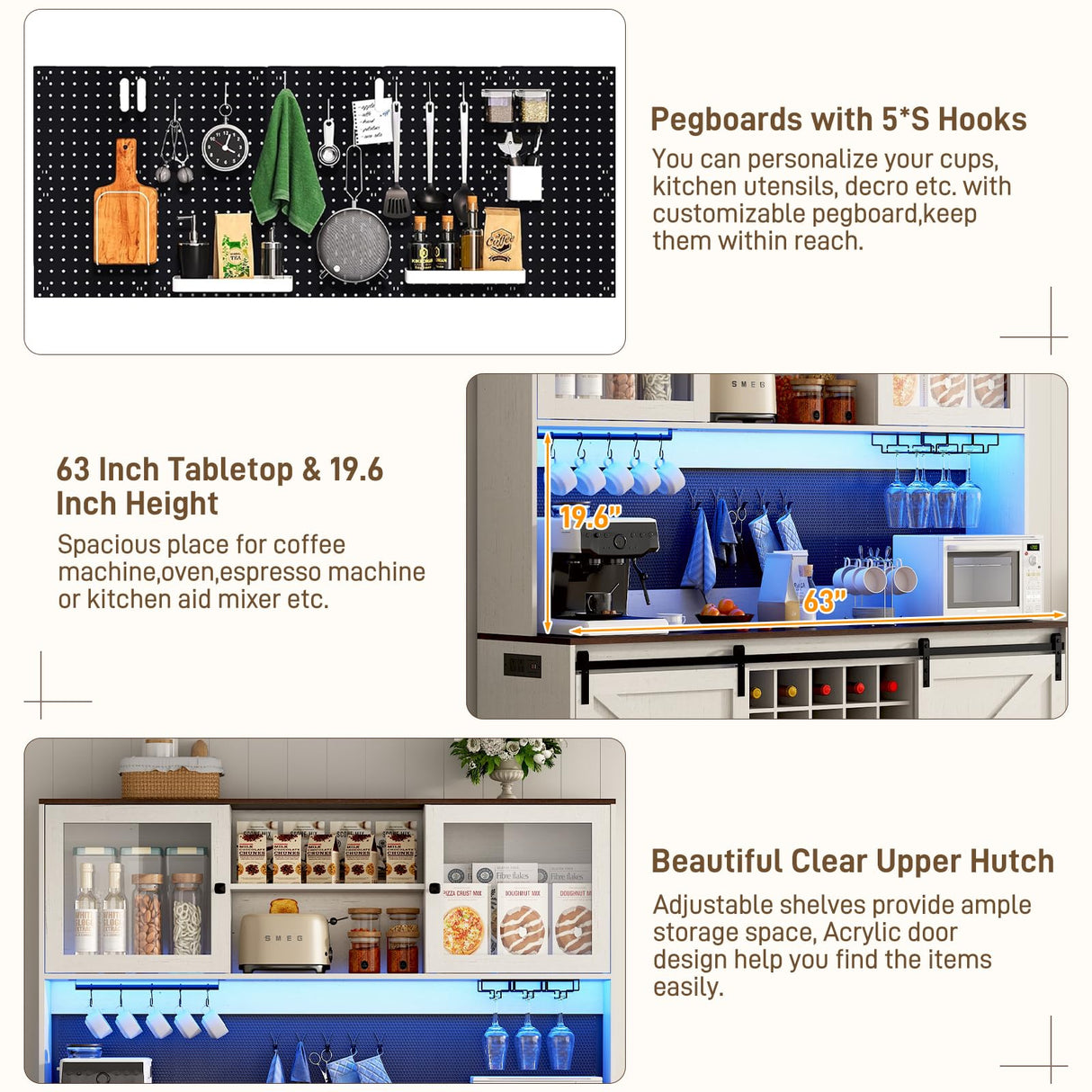 74" Tall 63" Wide Large Coffee Bar Cabinet w/ Outlet,6000-color LED Light,Pegboard,Farmhouse Hutch Cabinet w/Barn Door,2 Big Drawers,Adjustable Shelves,10 Wine & Glasses Rack,5 Hook for Kitchen,White chartustriable