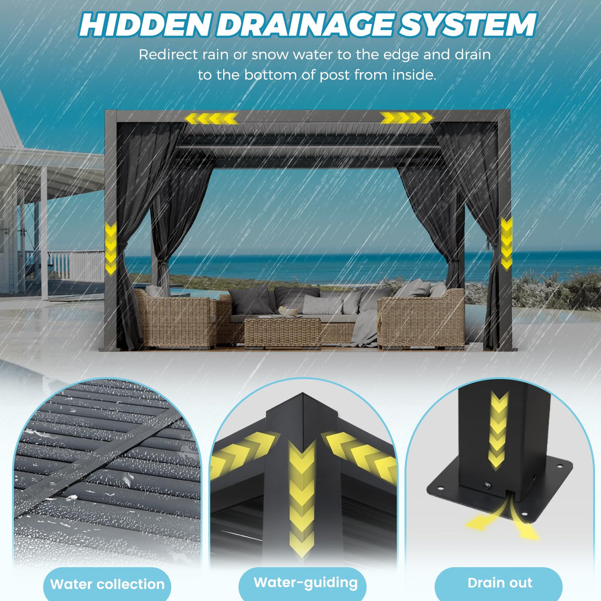 LVUYOYO Outdoor Louvered Pergola 10' x 13', Aluminum Pergola with Adjustable Roof, Waterproof Metal Gazebo with Curtains and Netting for Patio, Backyard, Garden, Deck (Black) LVUYOYO