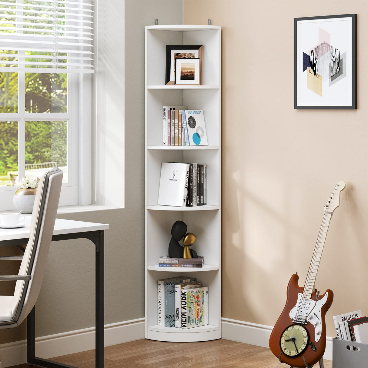 YITAHOME 5-Tier White Corner Bookshelf – Modern Free Standing Display Rack for Living Room and Home Office YITAHOME