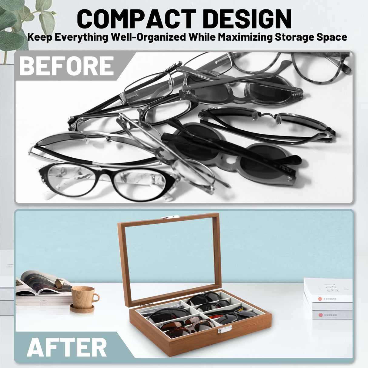 Homeanda Wooden Color 8 Grids Glasses Eyeglasses Case Sun Glasses Holder Eyewear Organizer Sunglasses Box Glasses Case Tray Glasses Display Showcase Organizer Jewelry Tray with Cover Homeanda