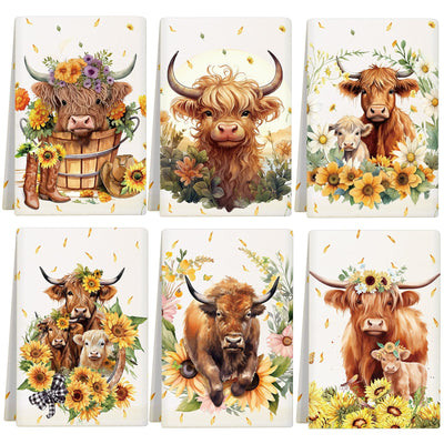 Redbaker Set of 6 Highland Cattle Kitchen Towels Highland Cow Themed Dish Towels Absorbent Farm Cattle Watercolor Floral Tea Hand dishcloths Housewarming Gift for Farmhouse Kitchen(Vintage,Sunflower)