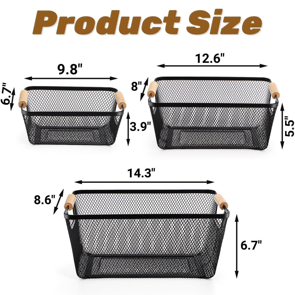 Noamus 3 Pack Metal Mesh Basket with Wooden Handle, Farmhouse Wire Steel Storage Bins, Rectangle Fruit Vegetable Organizer Containers for Home Cabinet Pantry Kitchen Decor, Snack Gift (Black, 3 Size) Noamus