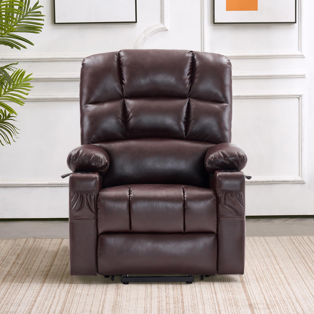 MCombo Medium Lay Flat Dual Motor Power Lift Recliner Chair Sofa with Massage and Heat for Elderly People, Infinite Position, Faux Leather 7679 (Dark Brown, Medium) MCombo