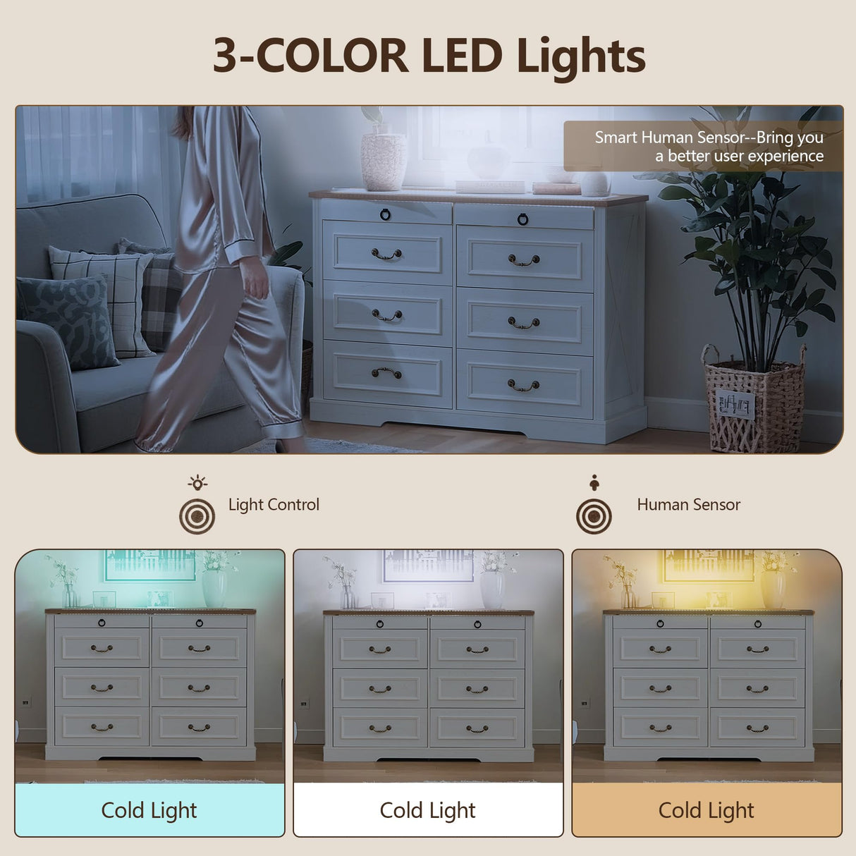 UYIHOME 8 Drawer Dresser, Farmhouse Dressers for Bedroom with Jewelry Storage on Top, White Dresser with Sensor LED Lights and USB Charging, Storage Cabinet for Living Room, Hallway, Closet UYIHOME