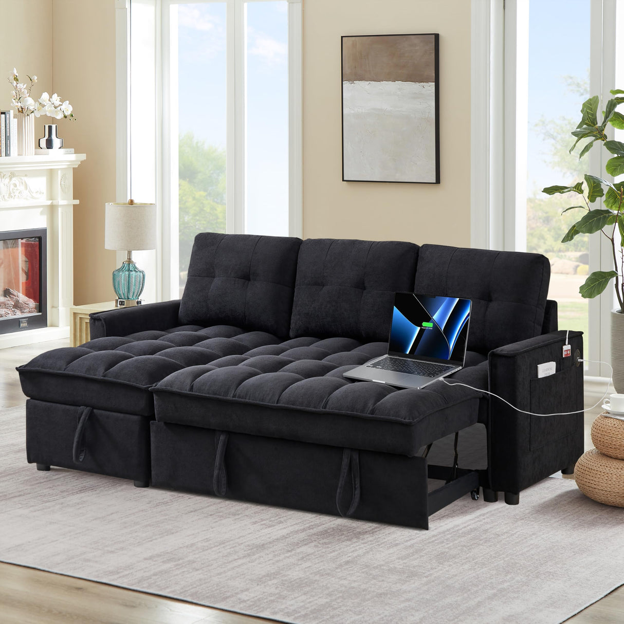L-shape Pull out Sleeper Sofa Couch Bed,Modern Sofa Bed with Reversible Storage Chaise Lounge,Velvet Upholstered Tufted Sectional Corner Sofabed with USB Ports and Side Pockets for Living Room,Bedroom KINFFICT