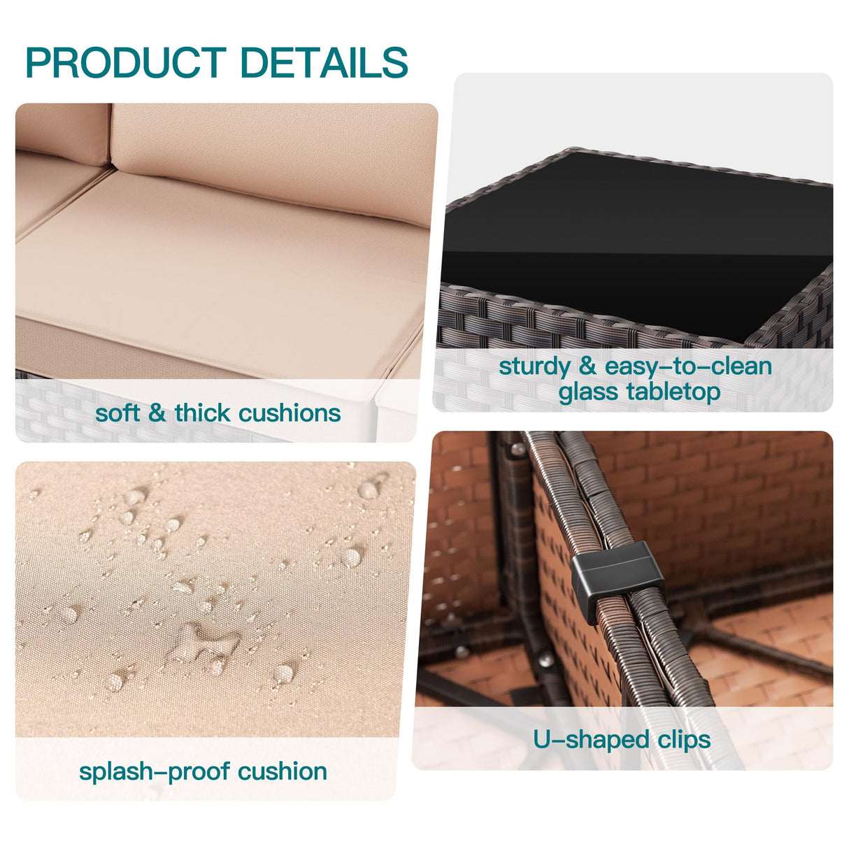 Halmuz 7 Piece Patio Furniture Set Outdoor Conversation Sofa Set, High Back Wide PE Rattan Wicker Sectional Furniture Patio Sofa w/Tempered Glass Top Table&Thickened Cushions(Sand) Halmuz