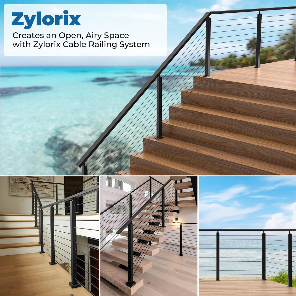 Zylorix 36" SS316 Cable Railing Post Level Drilled for Coastal Indoor Outdoor, 35"x2"x2" Stainless Steel Adjustable Top Post with Cable Grommets, DIY Cable Railing for Wood Concrete Deck, Black Zylorix