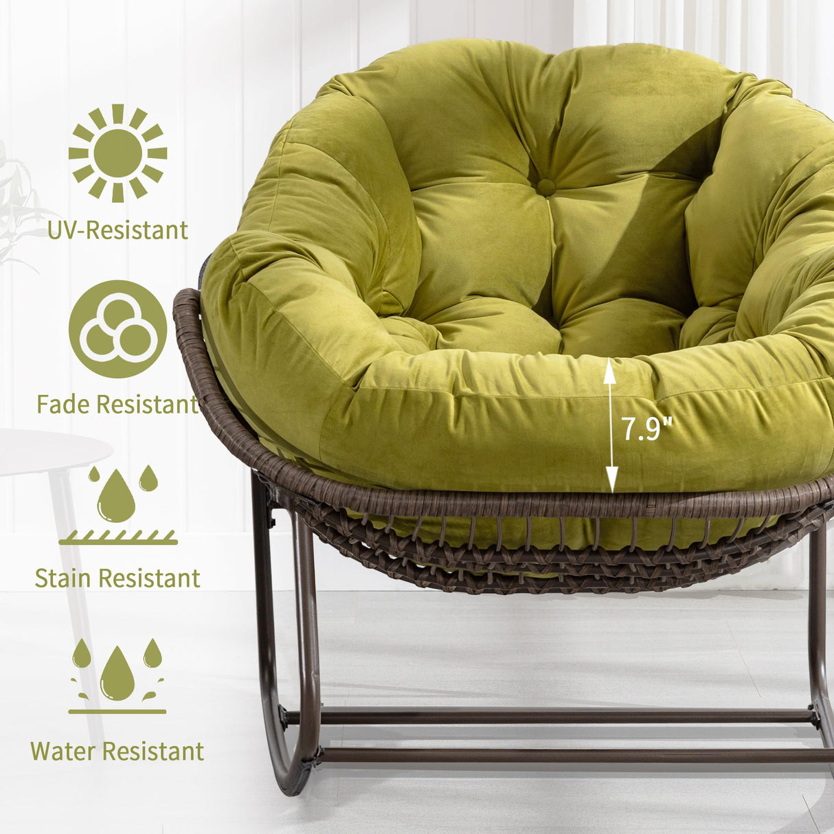 Villeston Outdoor Papasan Rocking Chair - Oversized Comfy Patio Chair Indoor Egg Royal Rattan Rocking Chair with Cushion for Front Porch Lounge Lawn Bedroom Living Room (Green Velvet) Villeston