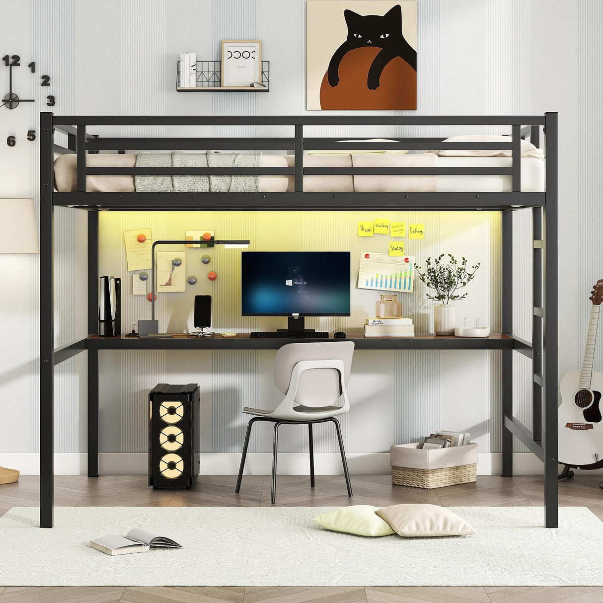 Bellemave Loft Bed Full Size with Desk, LED Lights,Charging Station, Full Size Metal Loft Bed Frame, Full loft Bed for Adults, Kids, Teens, Full, Black with Desk Bellemave