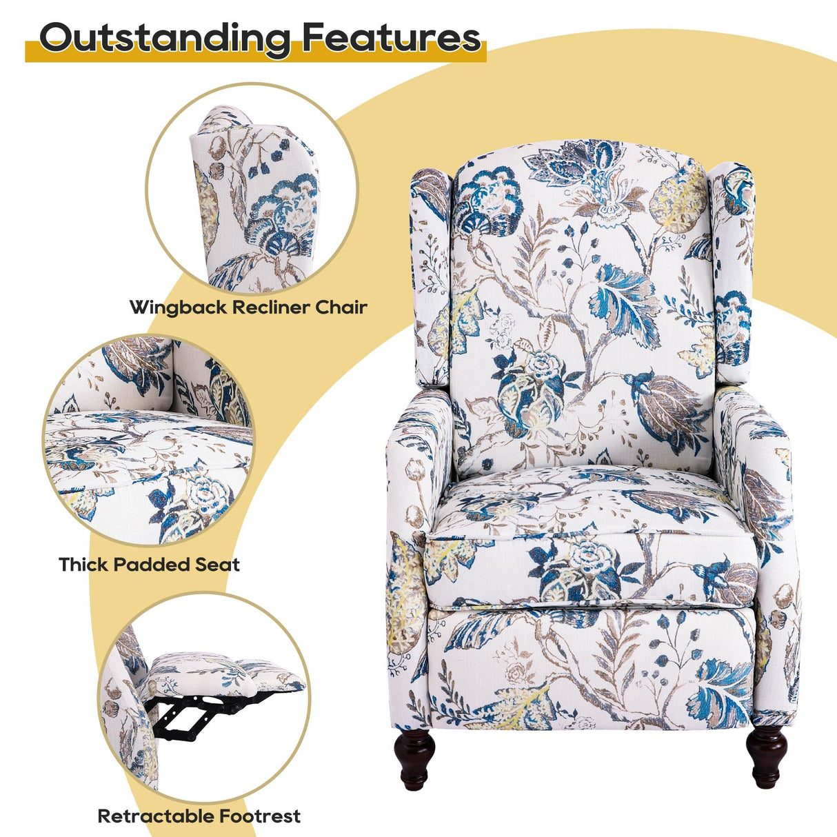 GUEAPY Mid Century Modern Wingback Recliner Chair for Adults, Push Back Upholstered Accent Chair with Floral Fabric, Manual Reclining Armchair for Living Room, Bedroom, Reading Corner (Blue Botanical) GUEAPY