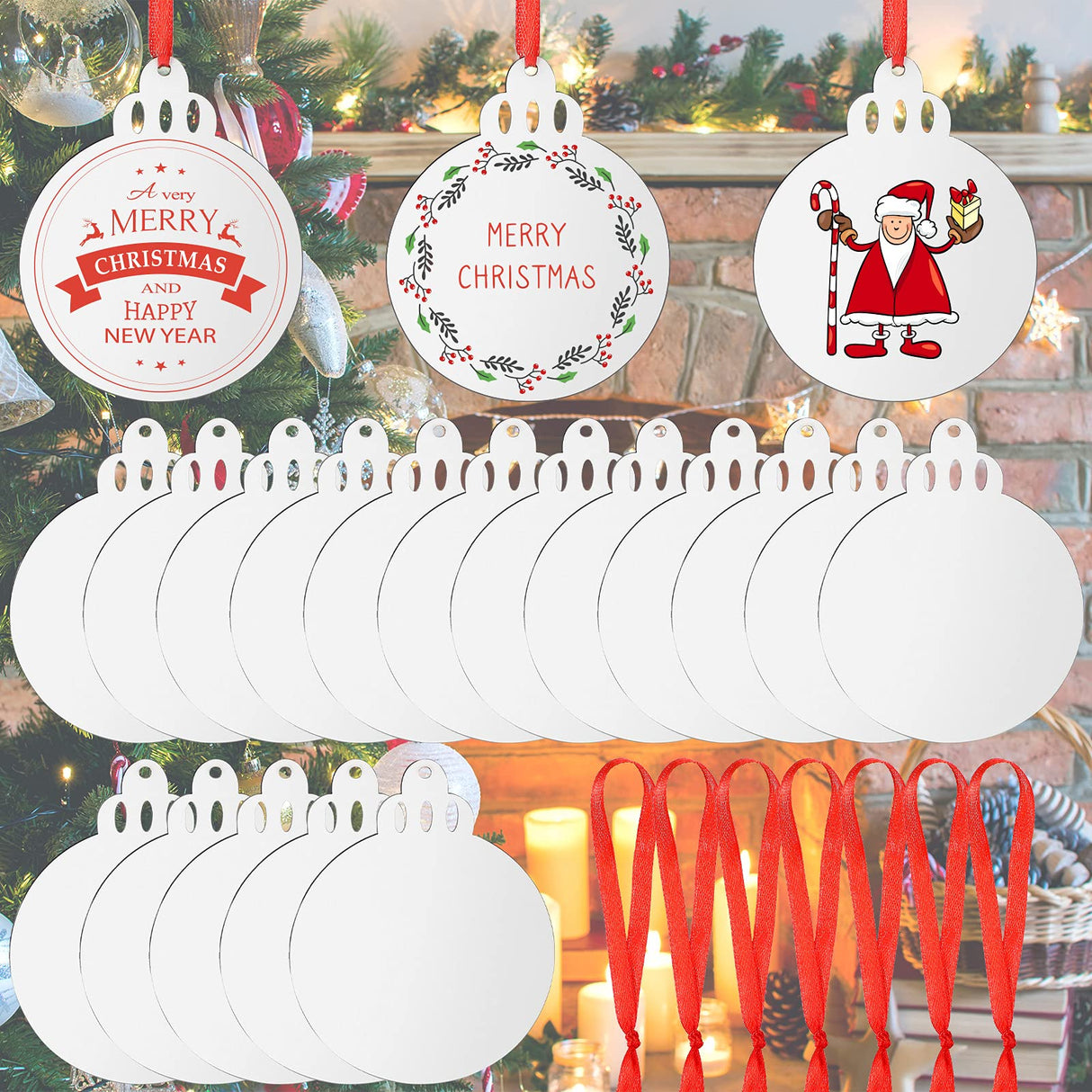 Jetec Christmas Sublimation Blank Pendants Double Side MDF Personalized Blank Bulk Heat Transfer Blank Hanging Pendant White Sublimation Ornament with Red Ribbon for DIY (18 Pcs,3.5 x 2.9 x 0.1 Inch) Jetec