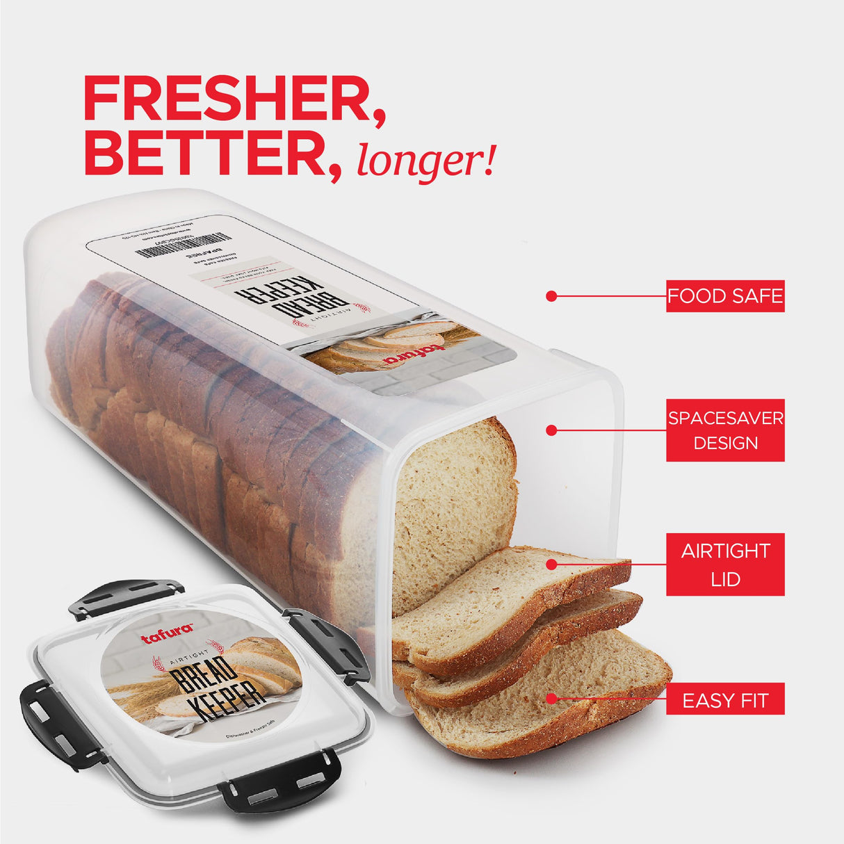 Tafura Bread Container - 5.8 Liter BPA Free Plastic Bread Box - Container/Holder for Homemade Loaves and Baked Goods with Black Airtight Lid Tafura
