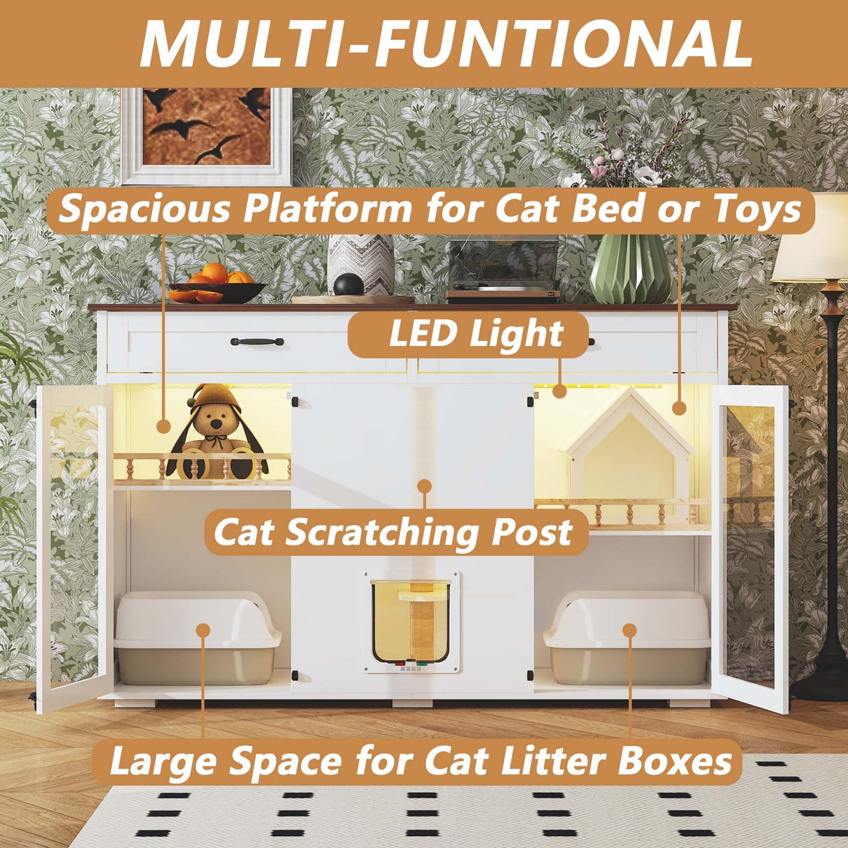 DAWNSPACES Enclosed Cat Litter Box Enclosure, Hidden Kitty Litter Furniture with 2 Large Drawers, 2 Glass Doors, LED Light and Cat Scratching Post DAWNSPACES