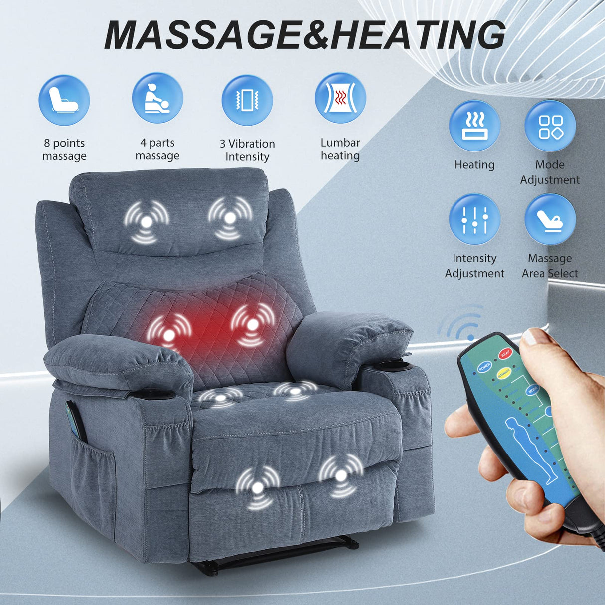 Comermax Fabric Massage Recliner Chairs with Heat Massaging Manual Reclining Chair Overstuffed Heated Recliners with Cup Holders for Adults Blue Comermax