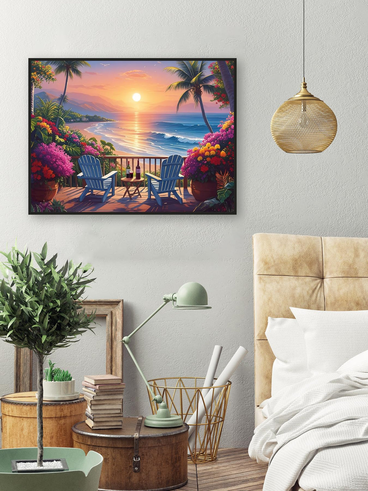 Beach Sunset Diamond Art Kits for Adults, Coconut Tree Diamond Painting Kits for Beginners, DIY 5D Full Drill Crystal Flowers Diamond Dots Gem Art Craft Home Decor 16x12 Inch askkqtx