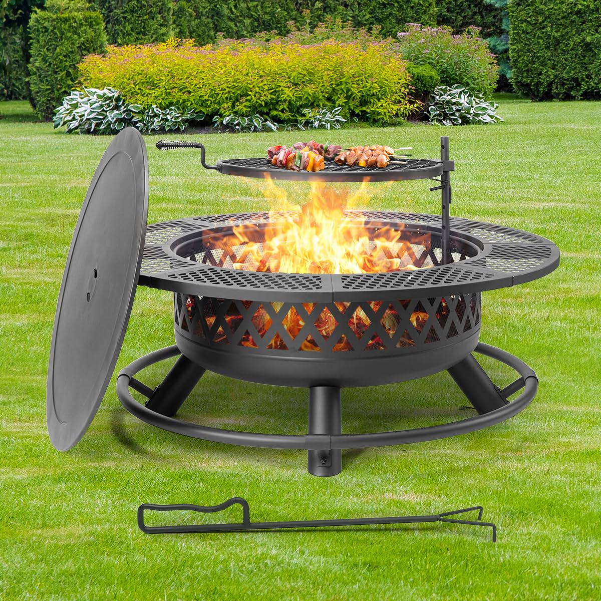 Panovue 42 Inch Outdoor Fire Pit with Grill, Large Firepit Table for Outside, Metal Round Firepits with Lid&Fire Poker,3 in 1 Wood Burning Fire Pits & Outdoor Fireplaces for Backyard,Patio(Black) Panovue