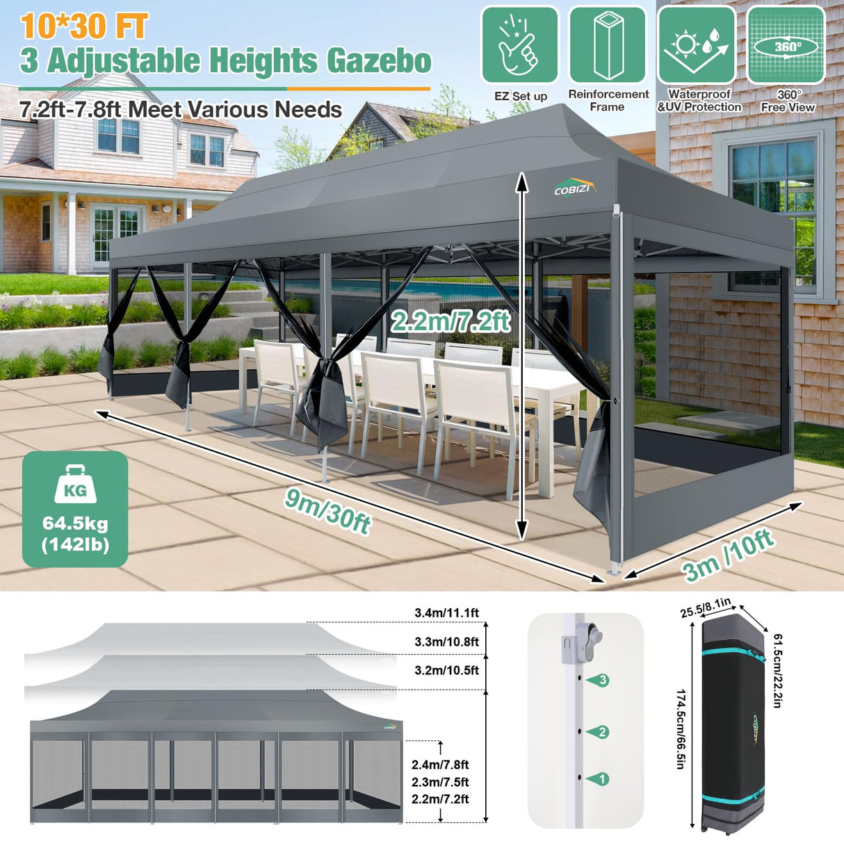 COBIZI 10x30 Canopy Tent, Heavy Duty Pop up Canopy with Sidewalls, Waterproof Easy Setup Canopy with Mosquito Netting, Outdoor Instant Screen Tents for Parties, Wedding with Roller Bag, Gray COBIZI