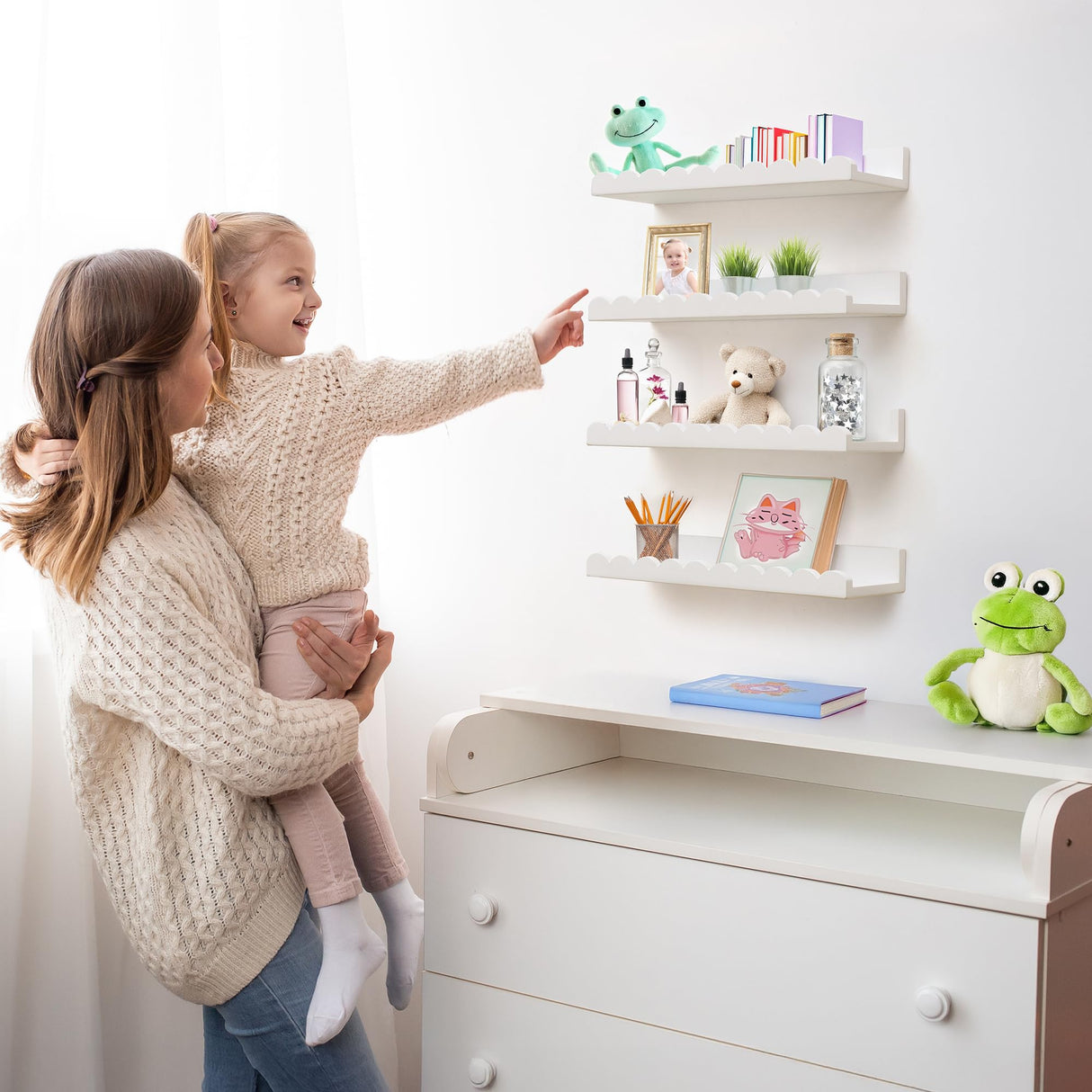 Green Goods Supply Scalloped Shelves - Set of 4 Pre-Assembled 15.6inch White Floating Nursery Book Shelves, Scalloped Book Shelf - Kids Wall Decor, Nursery Decor, Floating Shelves for Wall Green Goods Supply