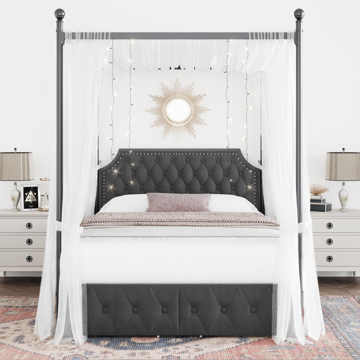 Keyluv Queen Upholstered Canopy Bed Frame with 2 Drawer and Button Tufted Headboard Metal Platform Bed with 4 Removable Posts Two-Purpose Velvet Bed No Box Spring Needed Dark Grey/Curtain Not Included Keyluv
