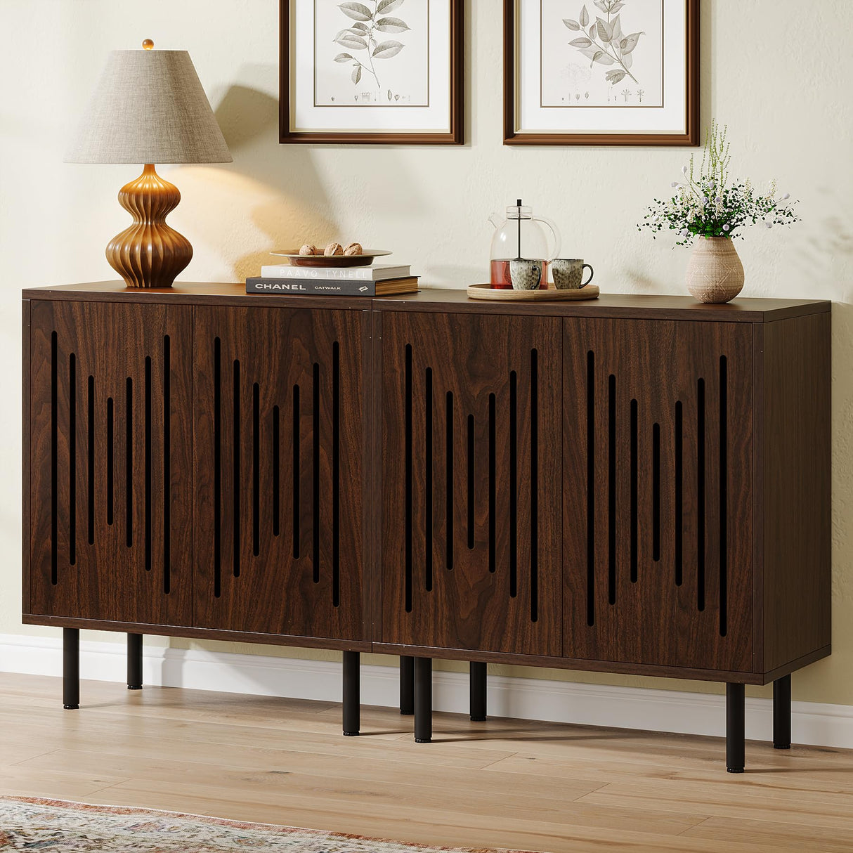 Tribesigns Set of 2 Sideboard Buffet with Storage, 59" Buffet Sideboard Cabinet with Adjustable Shelves, Accent Storage Cabinet for Living Room, Dark Brown Tribesigns