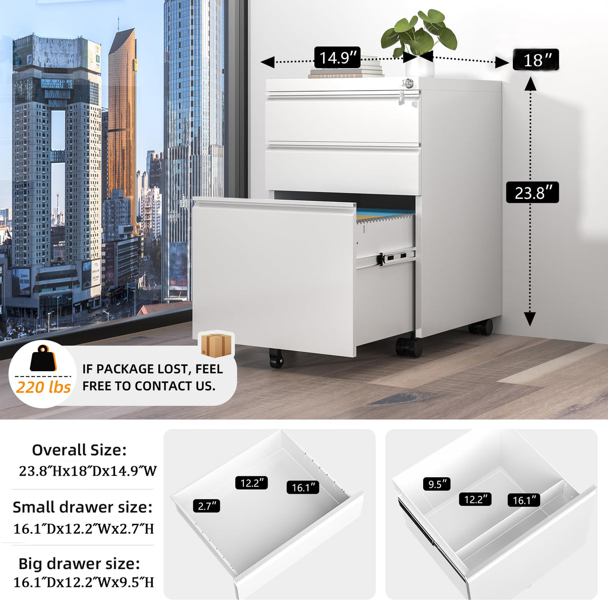 INTERGREAT 3 Drawer Filing Cabinet with Lock, Assembled White Mobile File Cabinet with Wheels, Rolling Small Metal Cabinets Under Desk for Home Office, Preassembled INTERGREAT