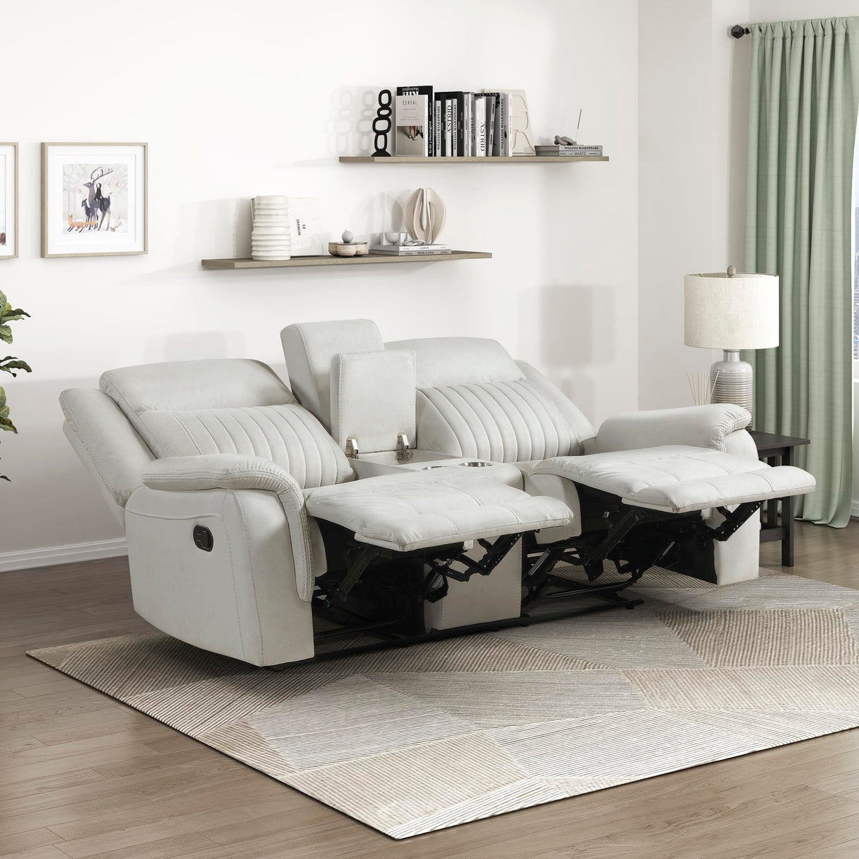 Lexicon Manual Double Reclining Loveseat, Polished Microfiber Manual Wall Hugger Loveseat Recliner for Living Room, Center Storage Console/Cup Holders, Easy Assembly, Beige Lexicon