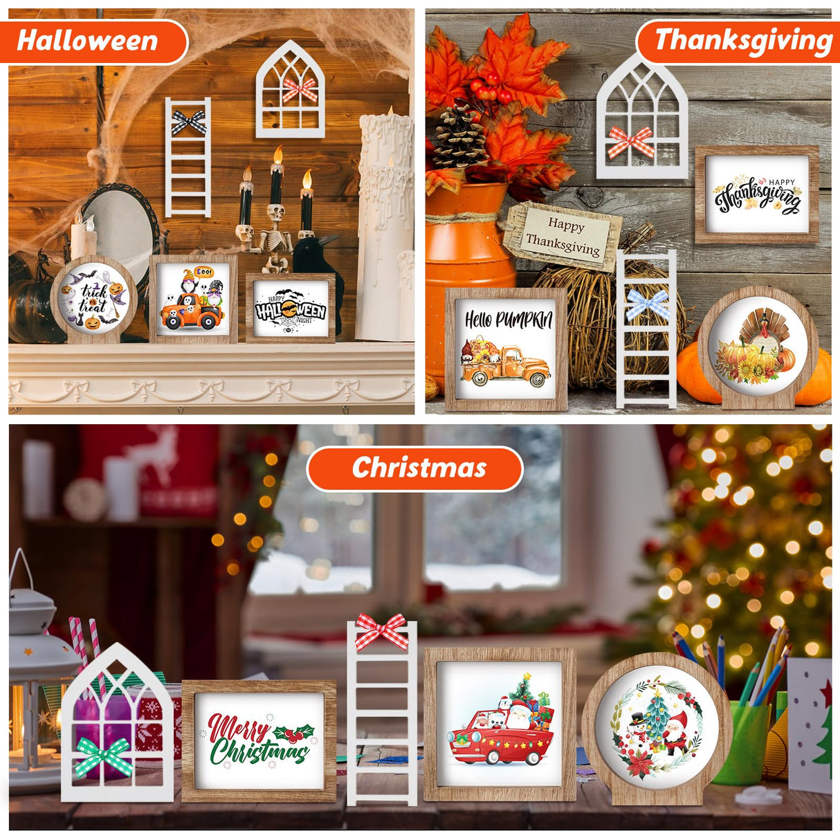 Bencailor 48 Pcs Interchangeable Seasonal Farmhouse Tiered Tray Decor Set Include Wood Frames with Ladders Cards Bow Knot,Tray Not Included(Year Round Seasonal) Bencailor