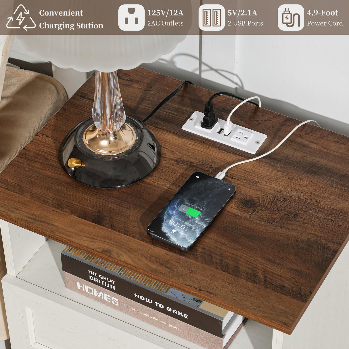 ENOUSHU Night Stand Set 2 with Charging Station, Bedside Table with 2 Drawers Storage and Open Shelf, Wood Farmhouse Nightstands with Outlets for Bedroom Office, White ENOUSHU