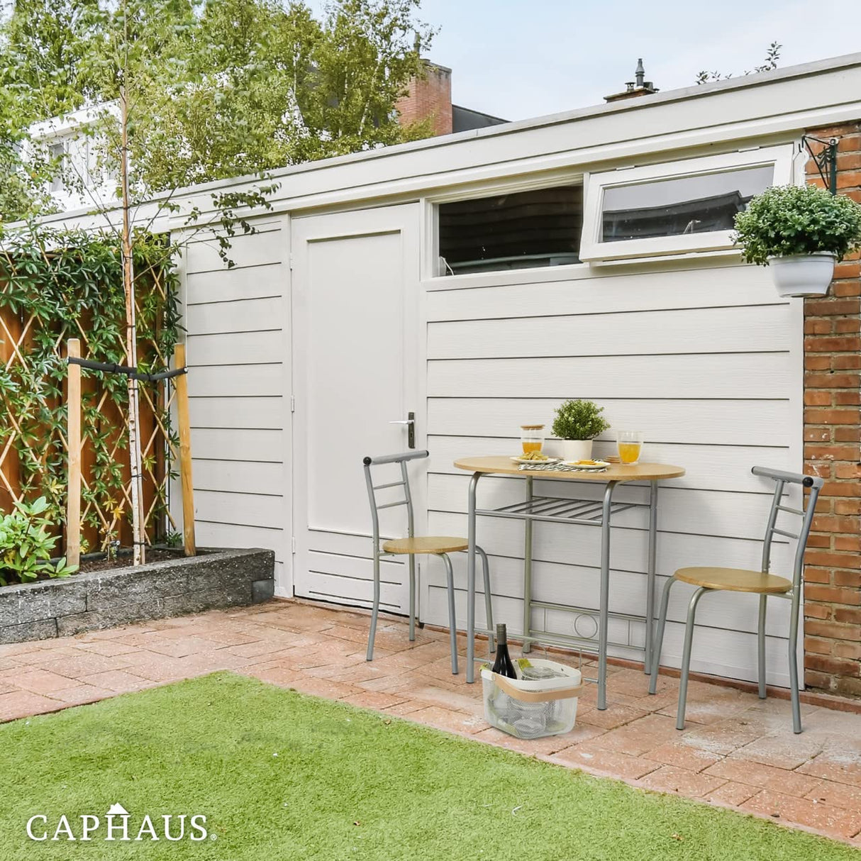 CAPHAUS 3 Pieces Dining Set for 2, Small Kitchen, Dining Room Table Set w/Steel Frame, 3 Pieces Patio Set w/Wine Rack, Small Dining Table Set for 2, Outdoor Dining Round Table Set, Natural Oak CAPHAUS