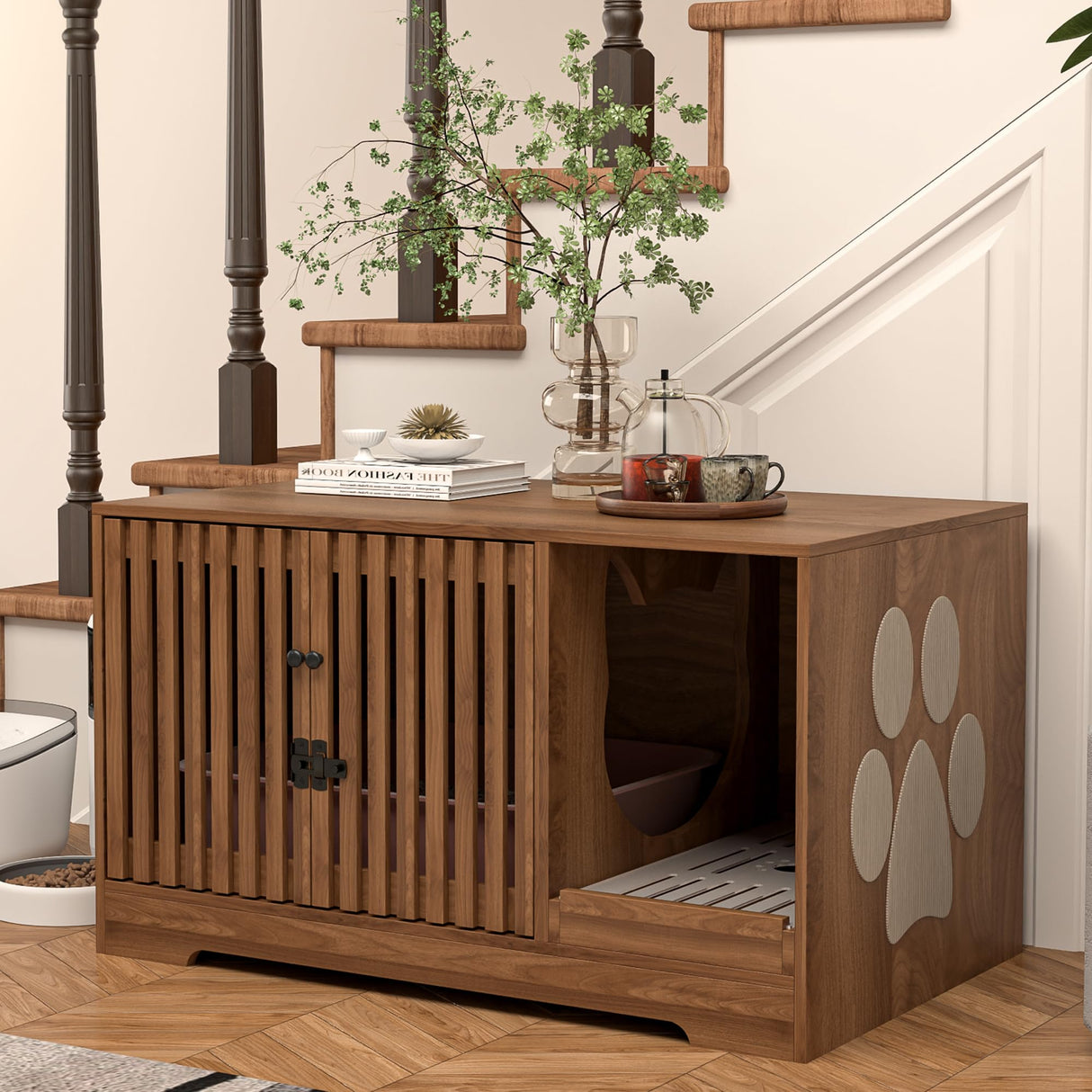 Cat Litter Box Enclosure Furniture, Hidden Litter Box Cabinet with Scratch Pad, Modern Wooden Cat House Washroom End Table for Living Room (Walnut) Athuiline