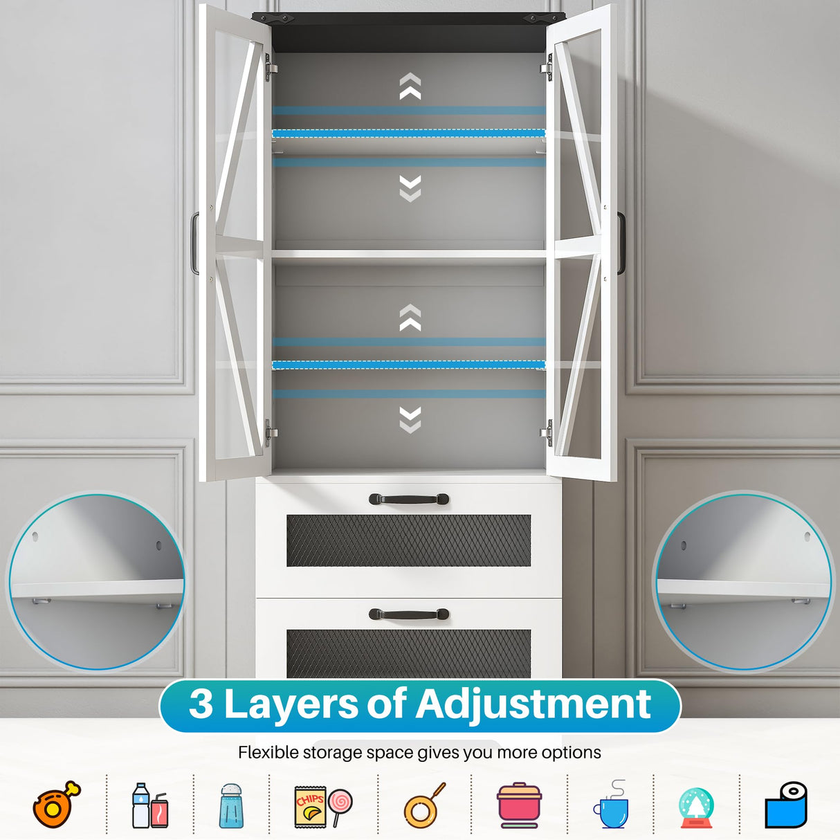 Jehiatek 56" Storage Cabinet with LED Light, Modern Farmhouse Cabinet with Large Drawers & Adjustable Shelves, Display Bookcase with Glass Door, Cupboard Sideboard for Living/Dining Room, White Jehiatek