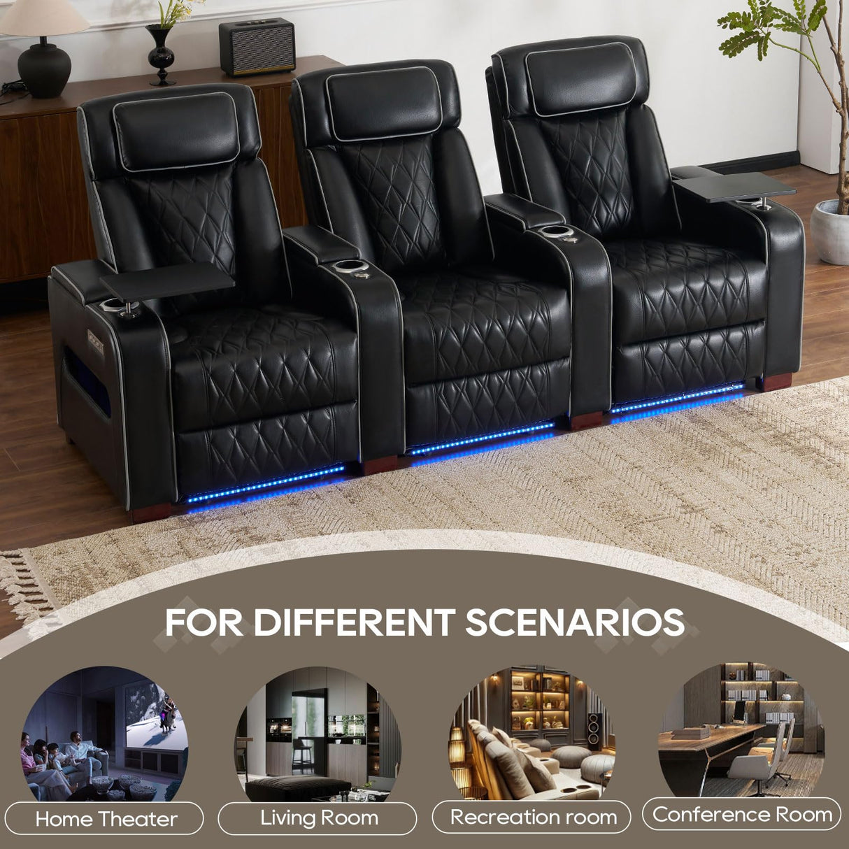CALIVIA Luxury Home Theater Seating – Power Recliner with Adjustable Headrests, Blue LED Ambient Lighting, Tray Table, USB & Type-C Charging (Black, 3 Seat) CALIVIA
