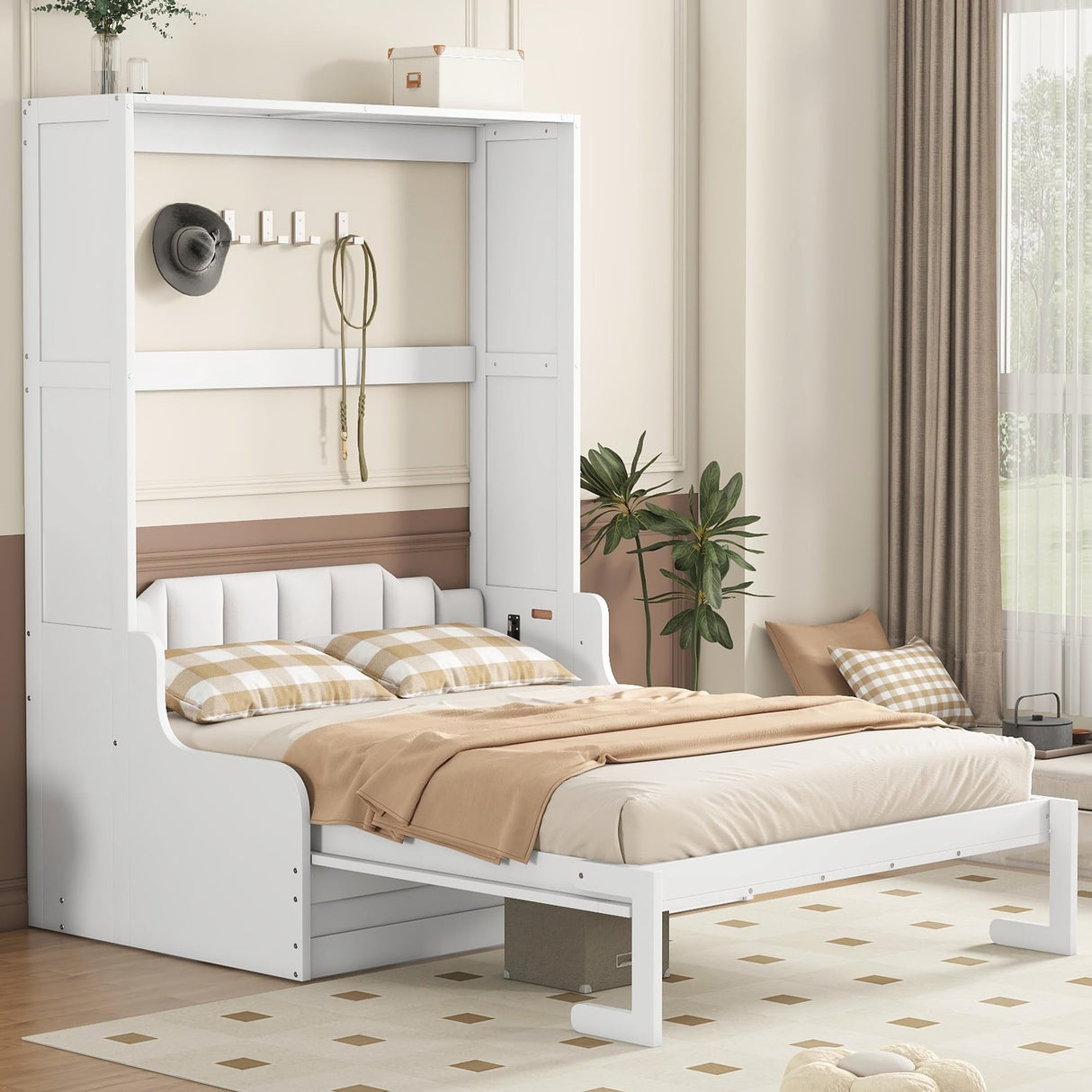 Merax Queen Size Murphy Bed, Wooden Queen Murphy Bed Wall Bed with Sofa and Cushion, for Home Office or Small Room, White Merax