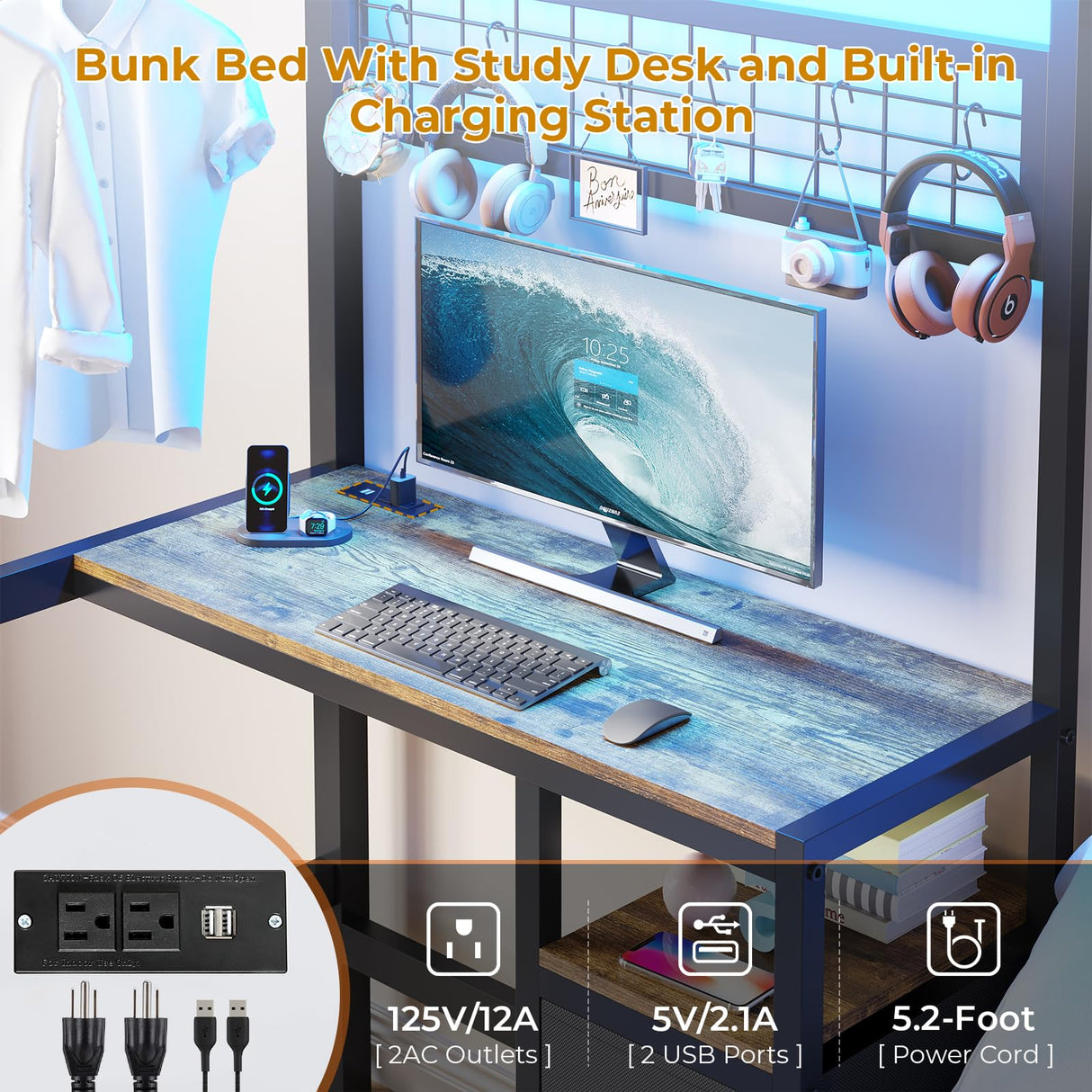 DICTAC Bunk Bed Twin Over Twin Size with Desk and Charging Station L-Shaped Metal Bunk Bed with Led Lights & Storage Shelves and Drawers Twin Size Loft Bed for Teen,Safety Guardrail and Ladder,Black DICTAC