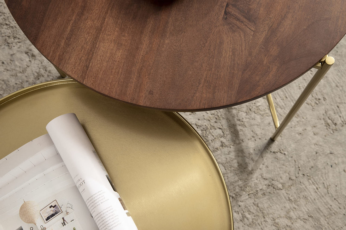 Kate and Laurel Ulani Modern Nesting Coffee Table, Set of 2, Walnut and Gold, 22.5 x 20.25, Decorative Sophisticated Mango Wood and Metal End Tables for Display and Storage Kate and Laurel