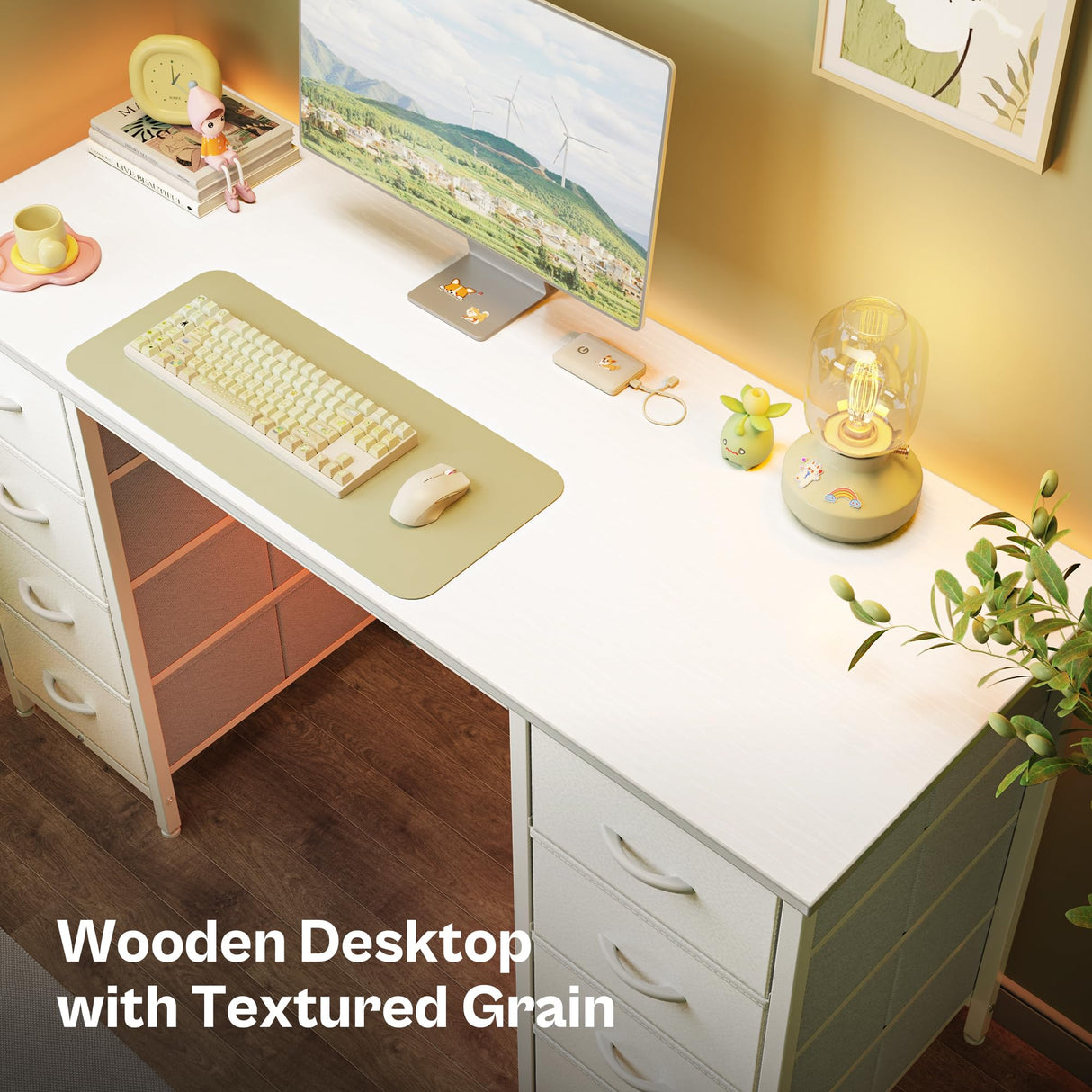 Huuger 47 Inch Vanity Desk with 8 Drawers, White Desk, Makeup Desk with Large Storage, Fabric Drawers, Wooden Desktop, Computer Desk Work Desk, for Home Office, Bedroom Huuger