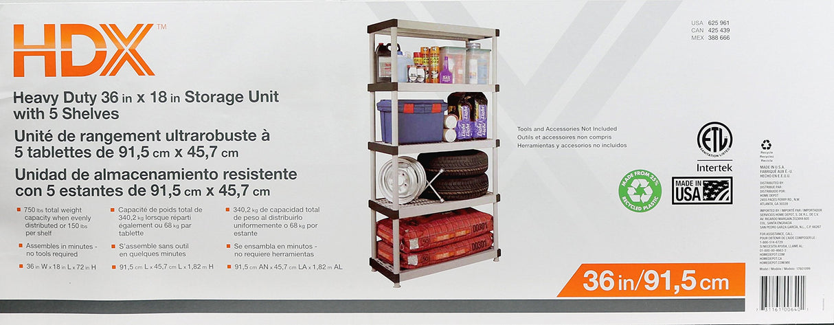 HDX 36” x 72” 5-Tiered Ventilated Plastic Storage Shelving Unit w/ Raised Feet and Tool-Free Assembly Hardware & Outdoor