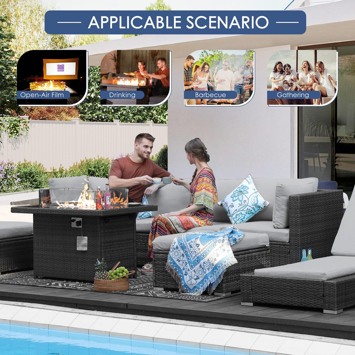 NICESOUL 29.3'' High Back Outdoor Patio Furniture Set with Firepit Natural Gas & Propane, 9 Piece Extra Large Conversation Set with Fire Pit Table, Modern Deep Wide Modular Wicker Sofa Couches, Gray NICESOUL