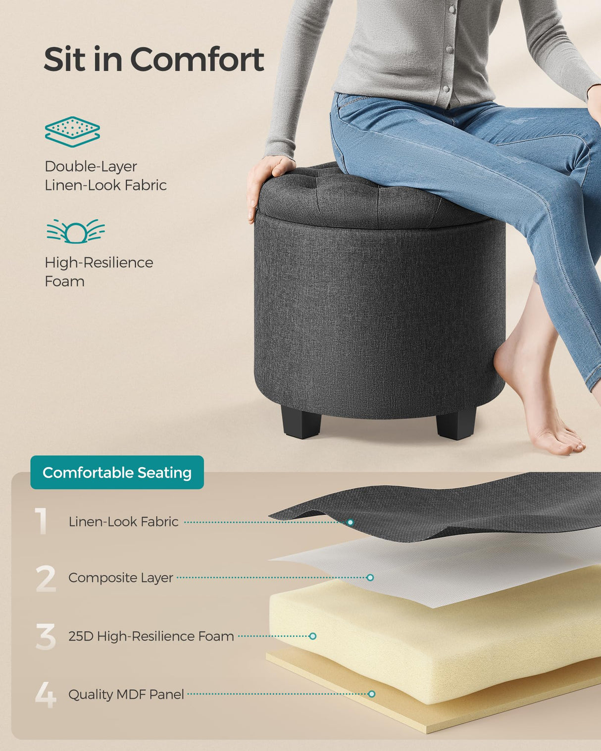 SONGMICS Round Ottoman, Ottoman with Storage, 17.7 Dia. x 17.5 H Inches Foot Rest with Legs, Load up to 330 lb, for Living Room, Bedroom, Dark Gray ULOM011G01 SONGMICS