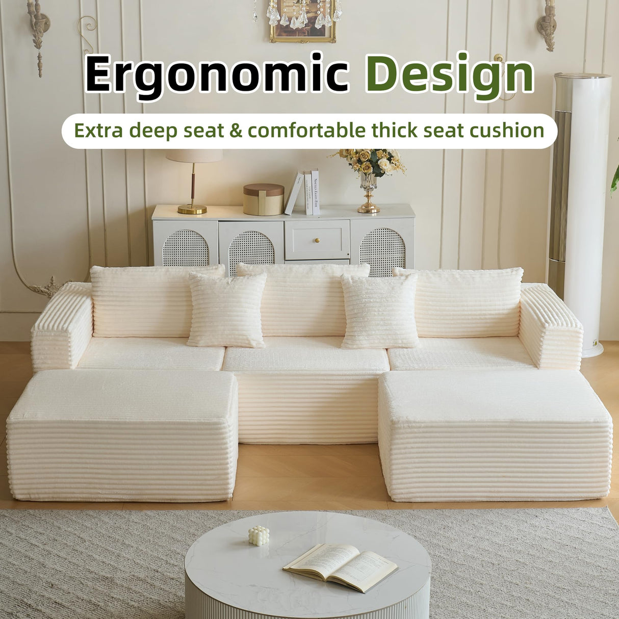 110" Modular Sectional Couch with 2 Movable Ottoman, Cloud Sofa Couches for Living Room, U Shaped Deep Seat Boneless Sofa,Luxury Corduroy Fabric, No Assembly Required White Veloflow