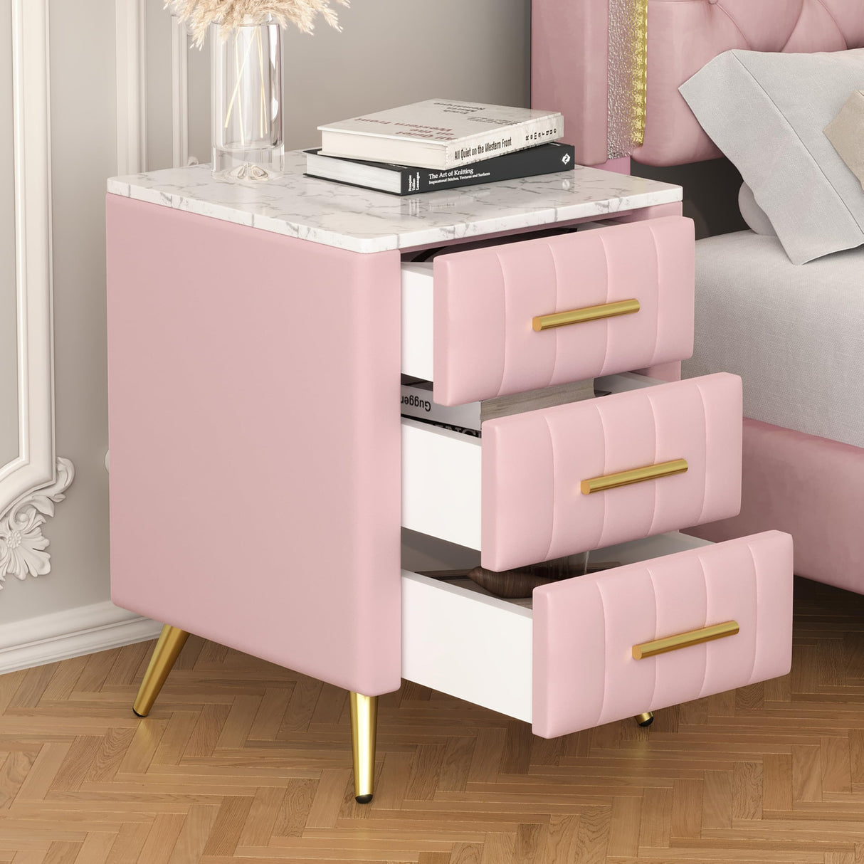 3 Drawers Nightstand with Metal Legs&Handles,Upholstered Nightstand with Faux Marble Top, Bedside Table Furniture, Velvet End Table for Bedroom, Living Room(Pink) Bellemave