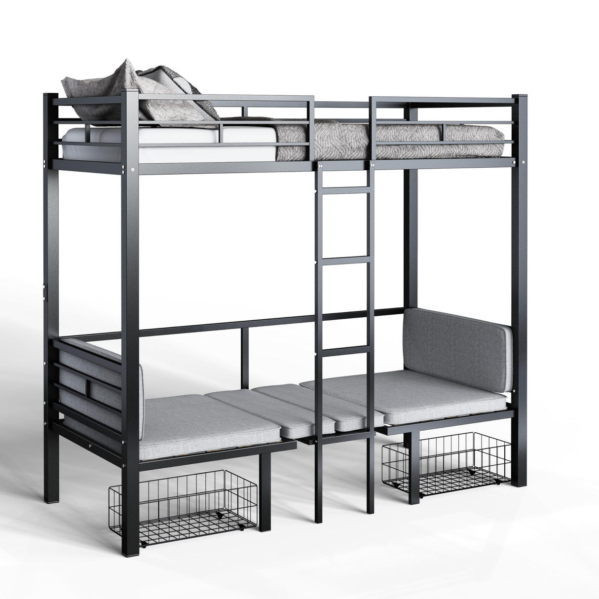 PVWIIK Twin Size Loft Bed with Desk for Dormitory,Living Room,Bedroom,Metal Bed Frame w/Wood Slats Support/Table Sets Transformable to Twin Over Twin Bunk Bed,Black(Cushion Not Included) PVWIIK