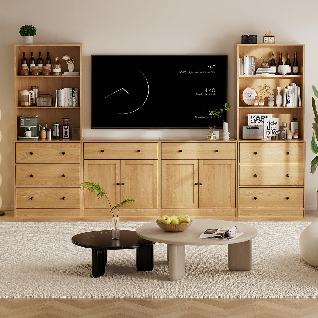 TUSY 4-Piece Large TV Stand with Bookshelves for TVs up to 75", TV Entertainment Center Media Center with Tempered Glass Doors and Shelves, TV Hutch for Living Room White (Wood) TUSY