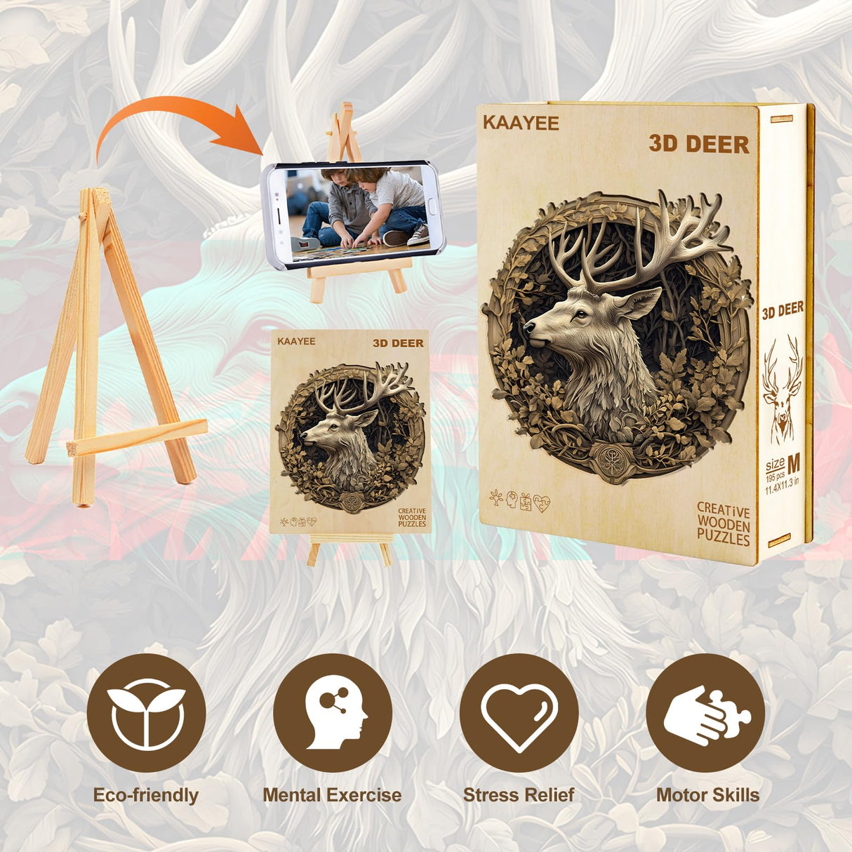 KAAYEE Wooden Puzzles for Adults, 3D Vision Effect 3D Deer Wooden Jigsaw Puzzles Unique Shape Advanced Wood Puzzle Adult, 3D Effect Flat Puzzle Birthday Gifts Family Game (8.5 * 8.3in 100pcs) KAAYEE