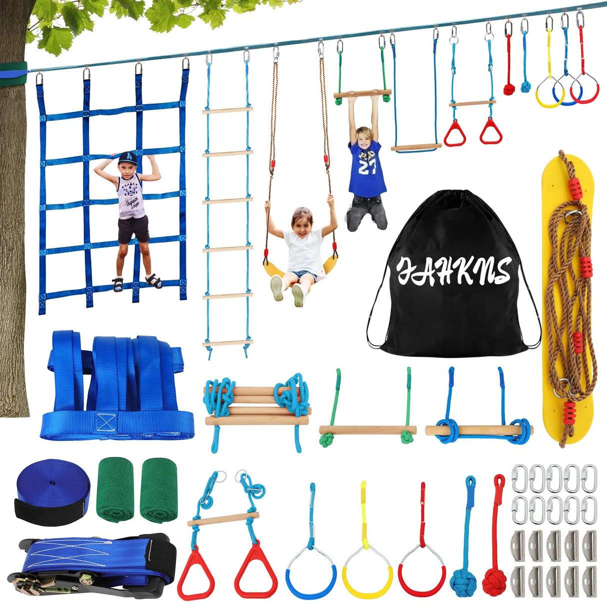 65 FT Ninja Warrior Obstacle Course for Kids, 65 FT Durable Slackline with 14 Obstacles-Swings, Monkey Bars, Arm Trainers and More, Weatherproof Outdoor Obstacle Course for Backyard,3+ Years Old FAHKNS