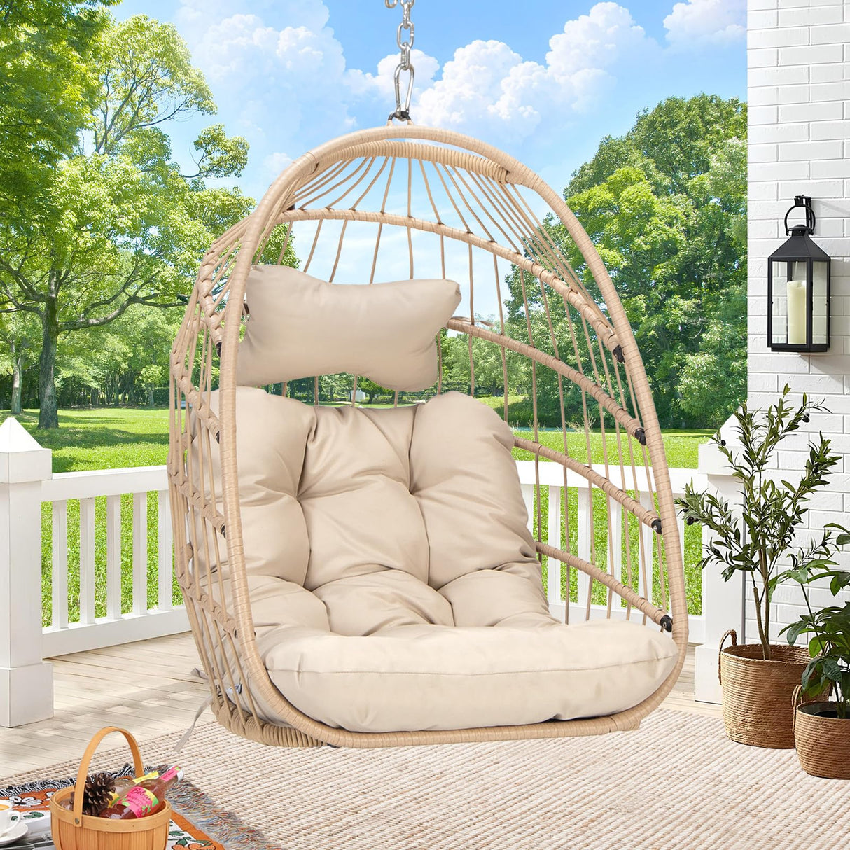 RADIATA Foldable Hanging Egg Chair Without Stand, Rattan Swing Chair with Cushion and Pillow, Wicker Hammock Chair for Indoor Outdoor Bedroom Patio Garden (Beige) RADIATA