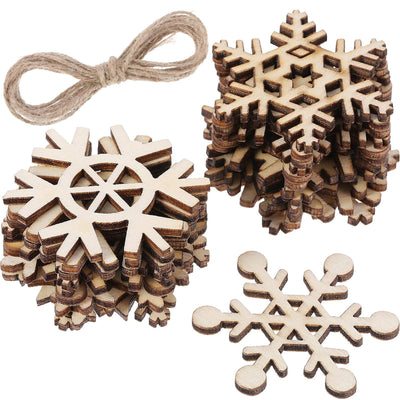 Hestya 50 Pieces Wooden Snowflake Crafts Ornaments Unfinished DIY Wood Snowflake Cutouts Christmas Tree Hanging Crafts Ornaments with Strings for DIY Christmas Decorations(10 cm,Natural Color)