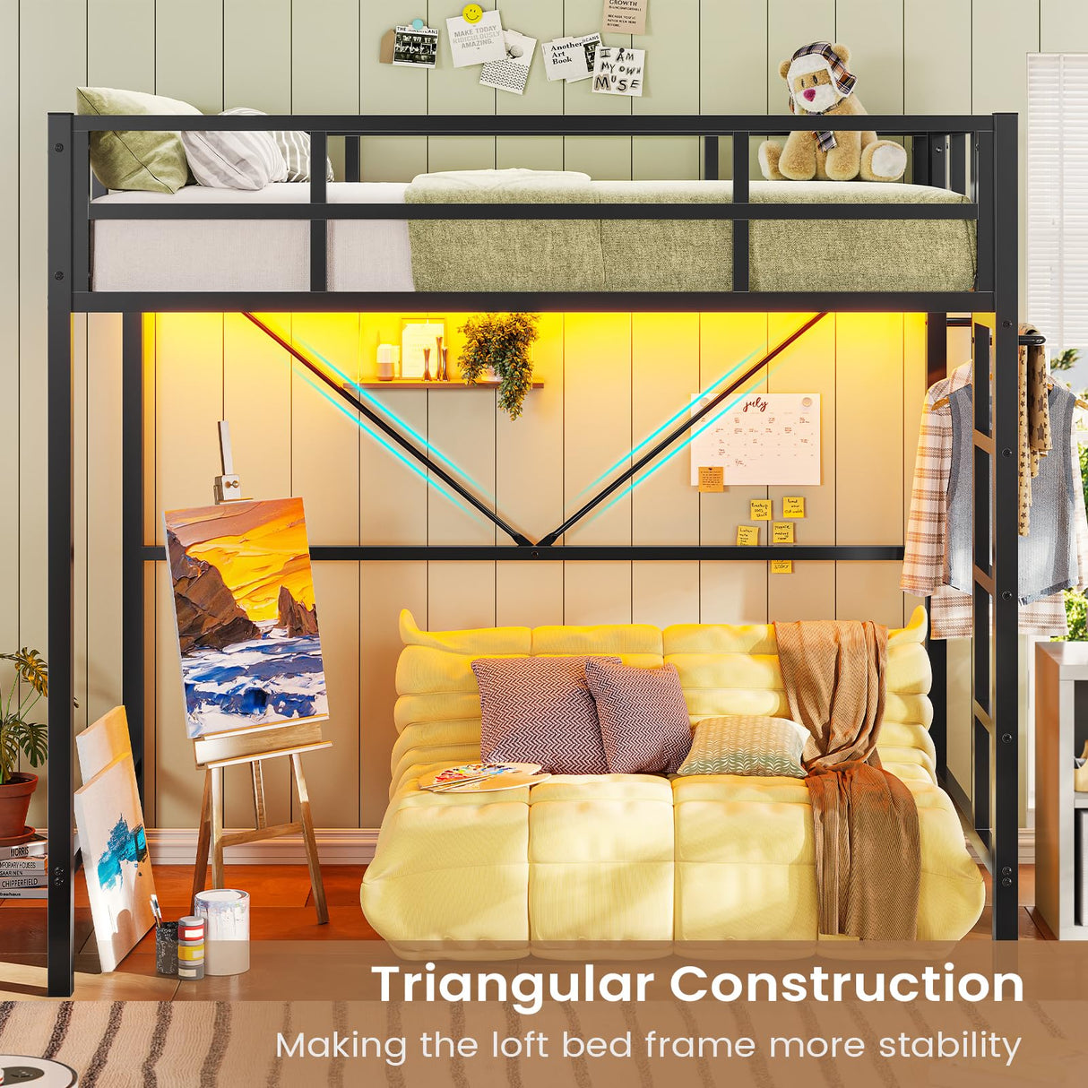 Hasuit Twin Loft Bed with LED Lights, Metal Loft Bed Twin Size with Full-Length Guardrail &Clothes Rack, Heavy Duty Metal Loft Bed Frame, Space-Saving, Noise Free, No Box Spring Needed, Black Hasuit