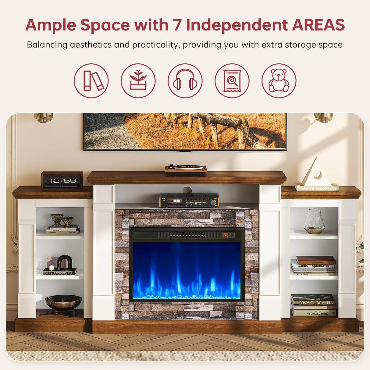oneinmil 70" Fireplace TV Stand, Electric Fireplace with Mantel, Modern Entertainment Center with Open Storage, Remote Control, Adjustable Flame, Fire Place TV Stand for Living Room, Bedroom Oneinmil